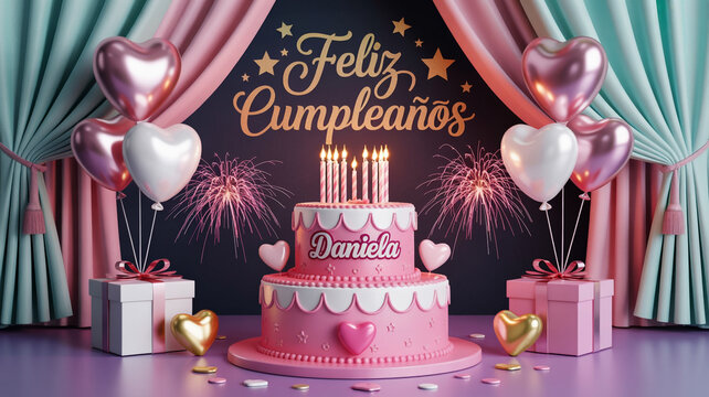 Happy birthday daniela with cake, balloons, gifts and fireworks