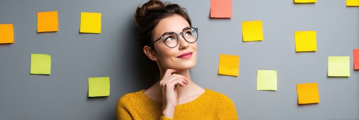 Young Woman Writing Notes and Thinking in a Minimal Office Space With Colorful Sticky Notes on the Wall