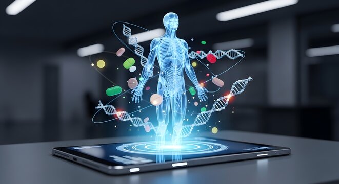 Futuristic tablet projecting a human body hologram, DNA helix, and drug molecules. Represents personalized medicine, genetic research, AI diagnostics, and advanced pharmacology technology.
 - Powered by Adobe