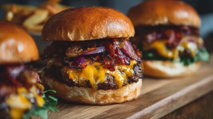 Juicy cheeseburger with crispy bacon and melted cheese served on a wooden board with fresh greens and golden french fries in the background