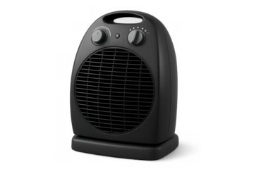 Black electric fan heater providing portable warmth and climate control for home interior comfort