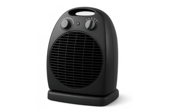 Black electric fan heater providing portable warmth and climate control for home interior comfort