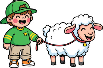 Cartoon child with sheep, smiling animal character, red leash, green outfit, fluffy wool, pink ears, bell collar, outdoor scene, vector illustration, white background