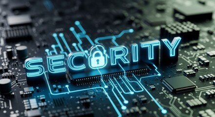 Cyber Fortress: A striking visual representation of security with SECURITY elegantly illuminated, safeguarding digital infrastructure.