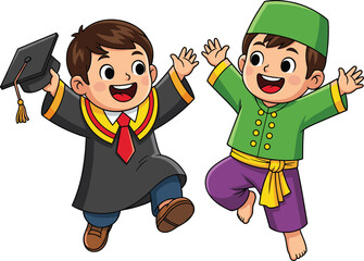 Cartoon children celebrating, graduation outfit, traditional clothing, joyful jump, cultural diversity, achievement moment, festive pose, educational theme, vector illustration, white background