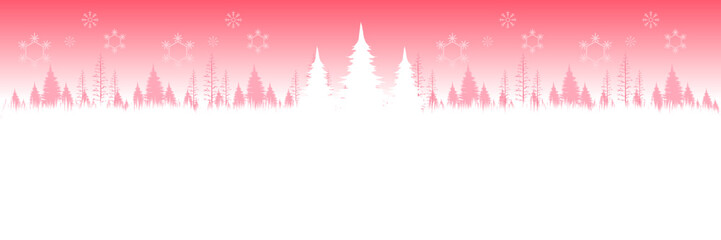 Festive winter landscape illustration in red and pink with a snowfield for a Christmas greeting card.