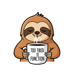 Naklejka premium Cute cartoon sloth holding a steaming mug with text too tired to function isolated on transparent background