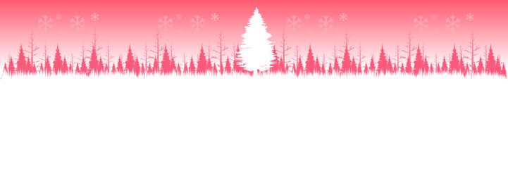 Panoramic Christmas vector background with a pink and white winter forest silhouette
