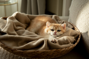 A Golden British Shorthair Kitten stretching while sleeping on the blanket of her cozy cat bed partially bathed by the sunlight on a couch in the living room of a house in Edinburgh, Scotland, UK