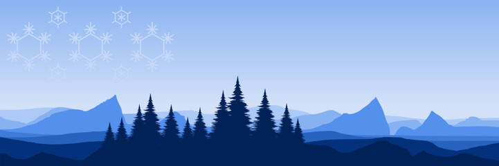 Minimalist winter nature scene with a dark forest silhouette atmospheric blue hills and ample copy space for text.