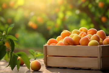apricots fresh in wooden crate on blurred plantation background