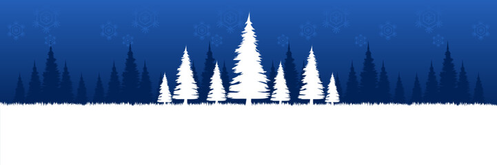 Wide screen Christmas and holiday banner template with a serene snowy forest landscape against a dark blue sky with snowflakes.