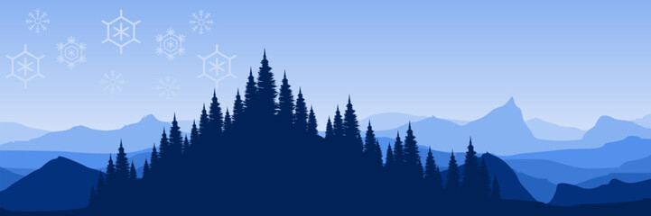 Atmospheric winter background with layered mountain terrain a dark pine grove and decorative snowflakes for a holiday design.