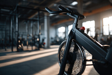 Close-up of air bike in modern gym