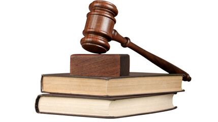 Wooden judge gavel resting on stacked law books, symbol of justice, authority, and legal decision-making, isolated on white background, PNG.