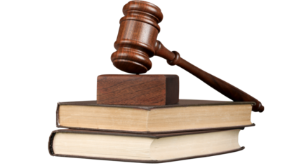 Wooden judge gavel resting on stacked law books, symbol of justice, authority, and legal decision-making, isolated on white background, PNG.