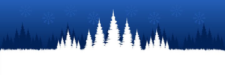 Atmospheric winter night landscape with a snowy pine forest falling snow and a large blank area for holiday text or product placement.