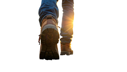 Close-up of legs walking away, sunlight filters between them, boots
