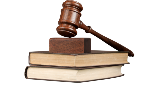 Wooden judge gavel resting on stacked law books, symbol of justice, authority, and legal decision-making, isolated on white background, PNG.