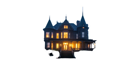 An imposing, dark, Victorian mansion glows with interior lights against a night sky