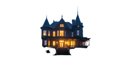 An imposing, dark, Victorian mansion glows with interior lights against a night sky