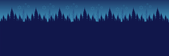 Serene vector illustration of a peaceful winter night forest with snowflakes and ample blank space for text or greetings.