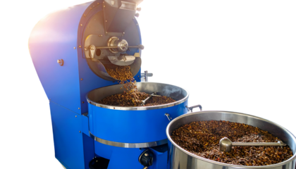A blue industrial coffee roaster with beans being poured into a container, with another container