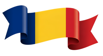 Romania national flag ribbon banner isolated on black, patriotic celebration element, horizontal design