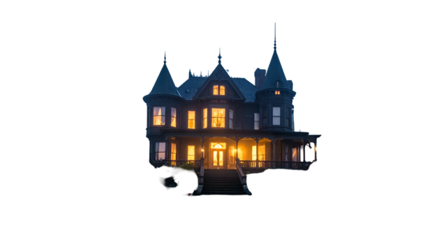 An imposing, dark, Victorian mansion glows with interior lights against a night sky
