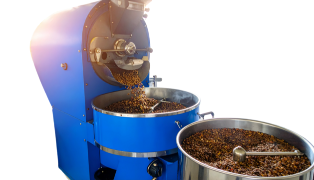 A blue industrial coffee roaster with beans being poured into a container, with another container