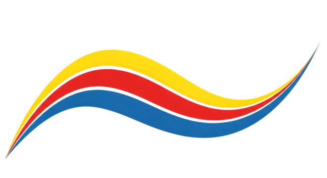 Dynamic wave of red, yellow, and blue stripes flowing gracefully, abstract design, isolated on black