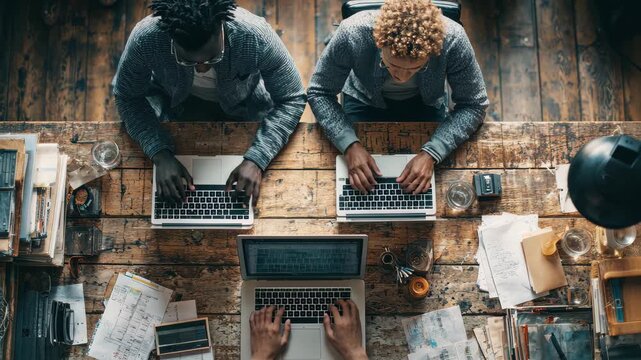Collaborative workspace with diverse individuals engaged in productive laptop activities at a wooden desk