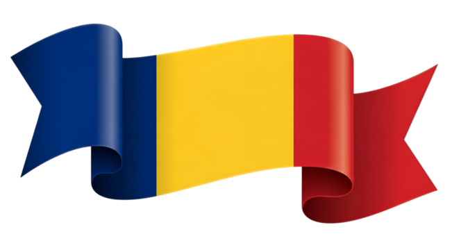Romania national flag ribbon banner isolated on black, patriotic celebration element, horizontal design