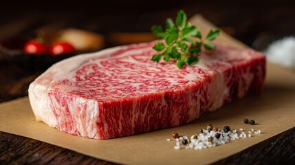 Premium marbled beef steak with fresh herbs arranged artistically on a wooden table, showcasing rich texture and culinary elegance for gourmet cooking ideas
