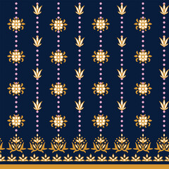 Seamless bohemian repeat border print. Vector, hand drawn ethno elements aop, all over surface print on dark blue background.