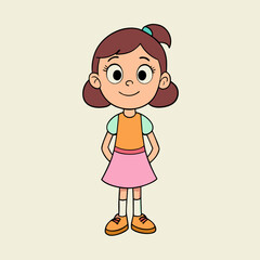 A cheerful cartoon girl with brown hair and a ponytail wears an orange shirt and pink skirt