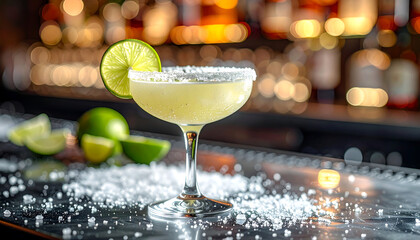 A classic lime margarita cocktail with a salted rim, garnished with a fresh lime wheel on a bar counter with bokeh lights