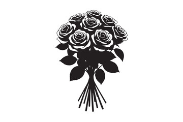 Silhouette of a bouquet of dark roses with stems and leaves