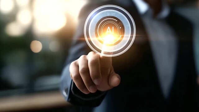 AI technology concept crop below eyes background softly defocused artificial intelligence for business data analysis businessman with AI assistant icon on virtual screen intel