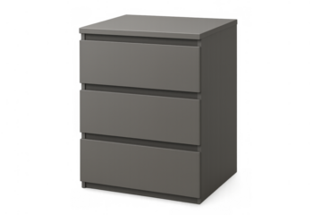 Gray three-drawer chest of drawers, modern furniture for home organization and bedroom storage, transparent background
