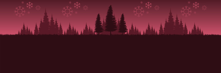 Minimalist vector illustration of a red Christmas night scene with pine trees and ample copy space.