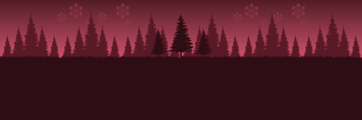 Serene winter landscape at night with a red sky and forest silhouette for a holiday header.
