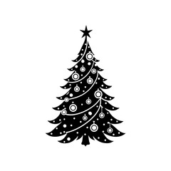 Stylized black silhouette of a decorated christmas tree with ornaments and a star topper