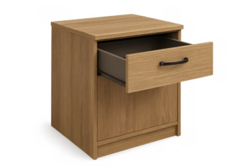 Modern wooden nightstand with open drawer, contemporary bedside cabinet, light oak finish furniture on transparent background