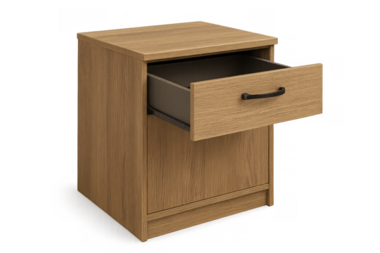 Modern wooden nightstand with open drawer, contemporary bedside cabinet, light oak finish furniture on transparent background