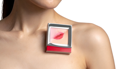 An elegant shot features a nude upper body with a square of painted lips on chest