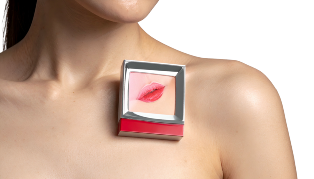An elegant shot features a nude upper body with a square of painted lips on chest