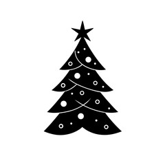 Simple black silhouette of a decorated christmas tree with a star on top