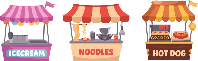 Cartoon food stall vector set with ice cream, noodles, and hot dog stands for market, fair, street food themes