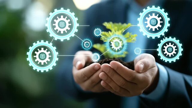 CO2 emission reduction concept crop below eyes background softly defocused climate change mitigation sustainable development green business businessman with virtual